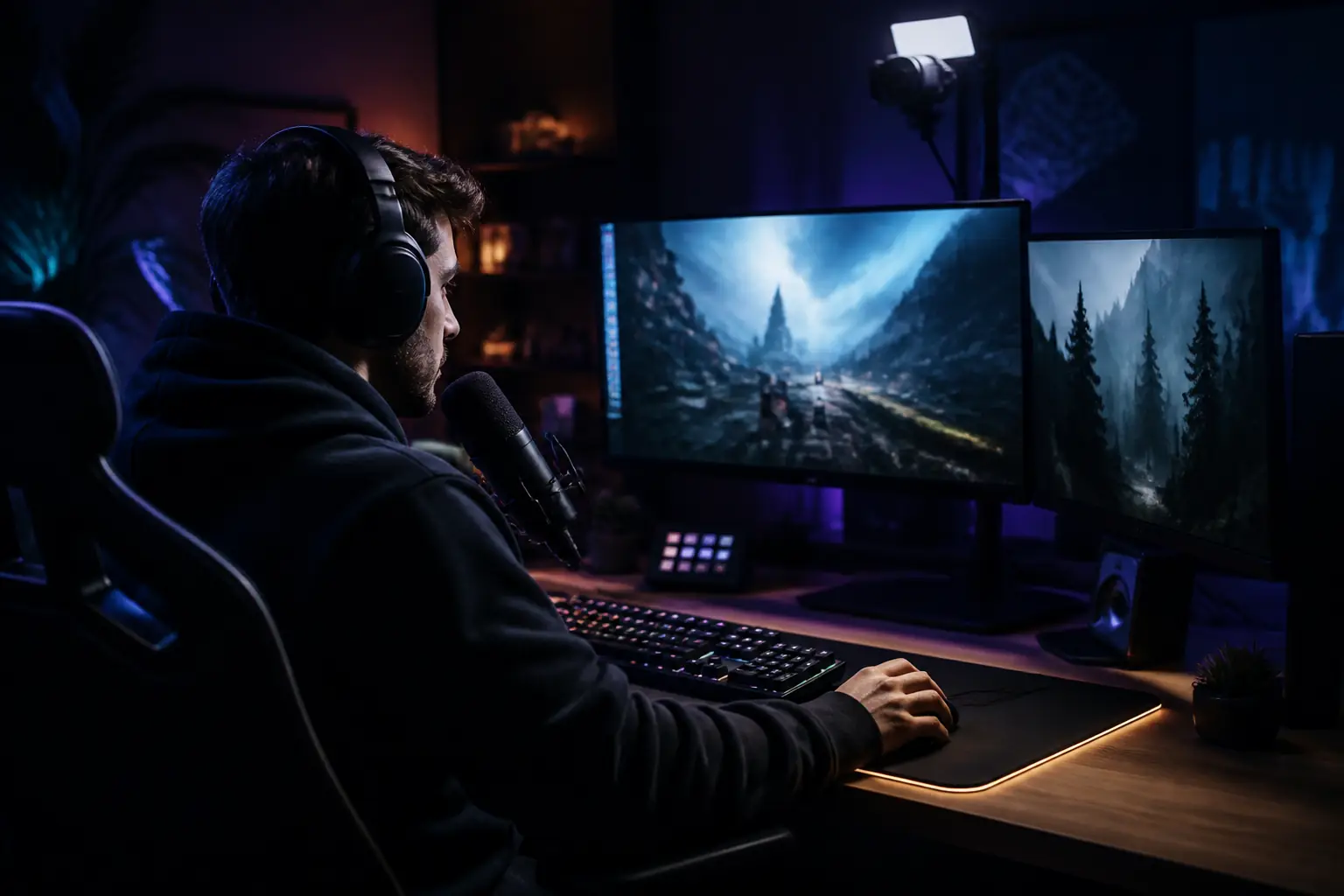 Streamer at gaming setup, representing Shilohs Group talent