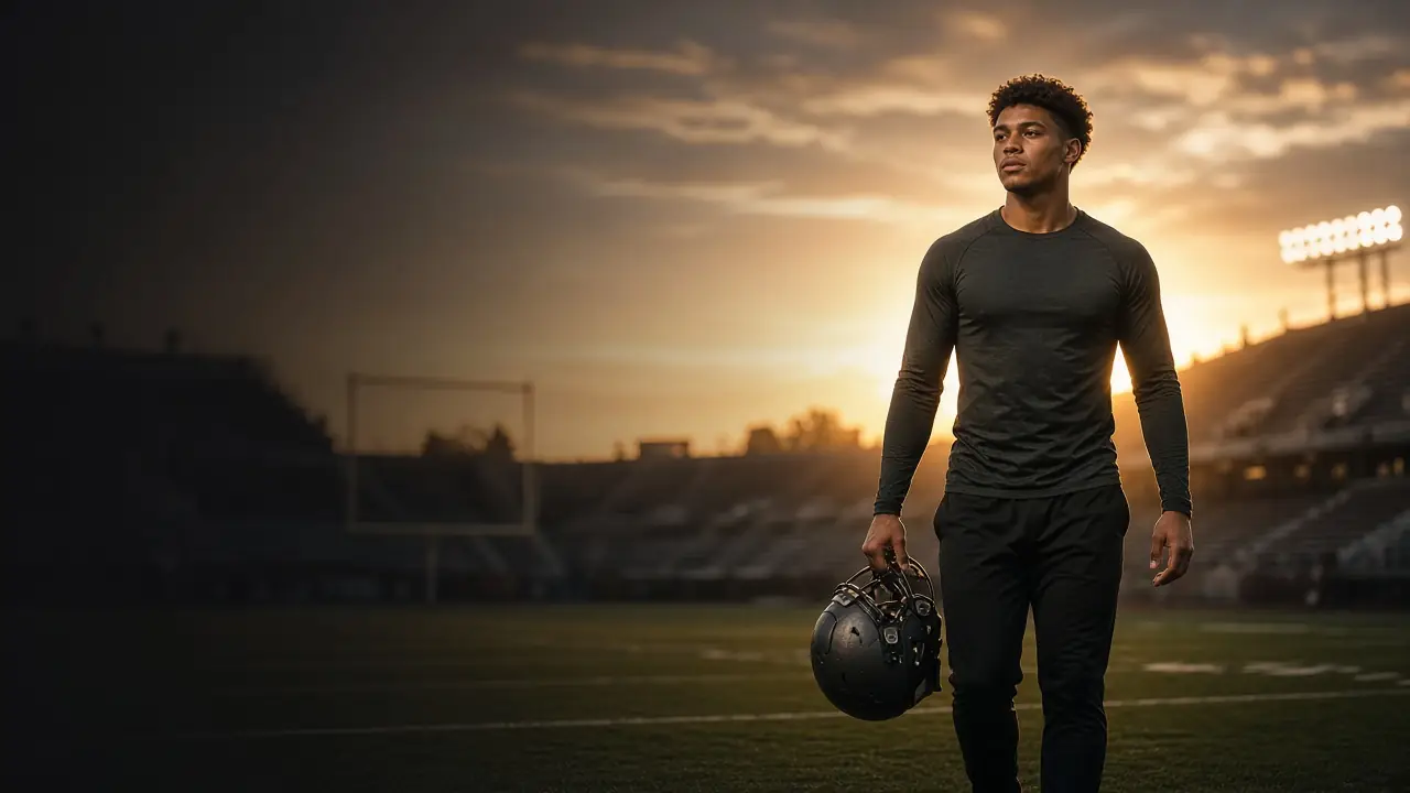 College football student-athlete on the field at sunset, representing NIL representation beyond campus
