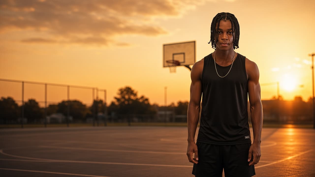 SG Elite athlete on a basketball court at sunset, representing performance, brand building, and NIL readiness