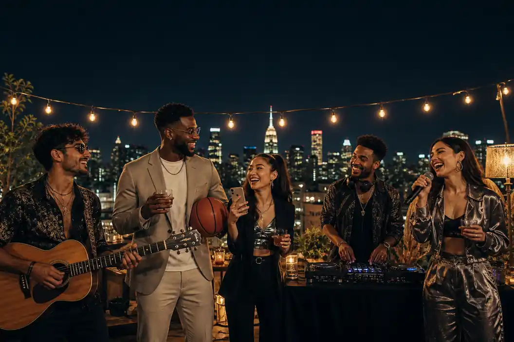 Group of athletes and entertainers celebrating together at a rooftop party